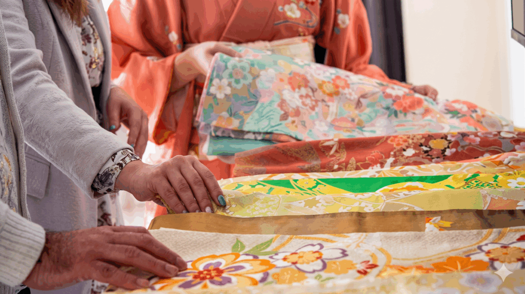 Choosing a kimono — fabrics and patterns laid out for selection